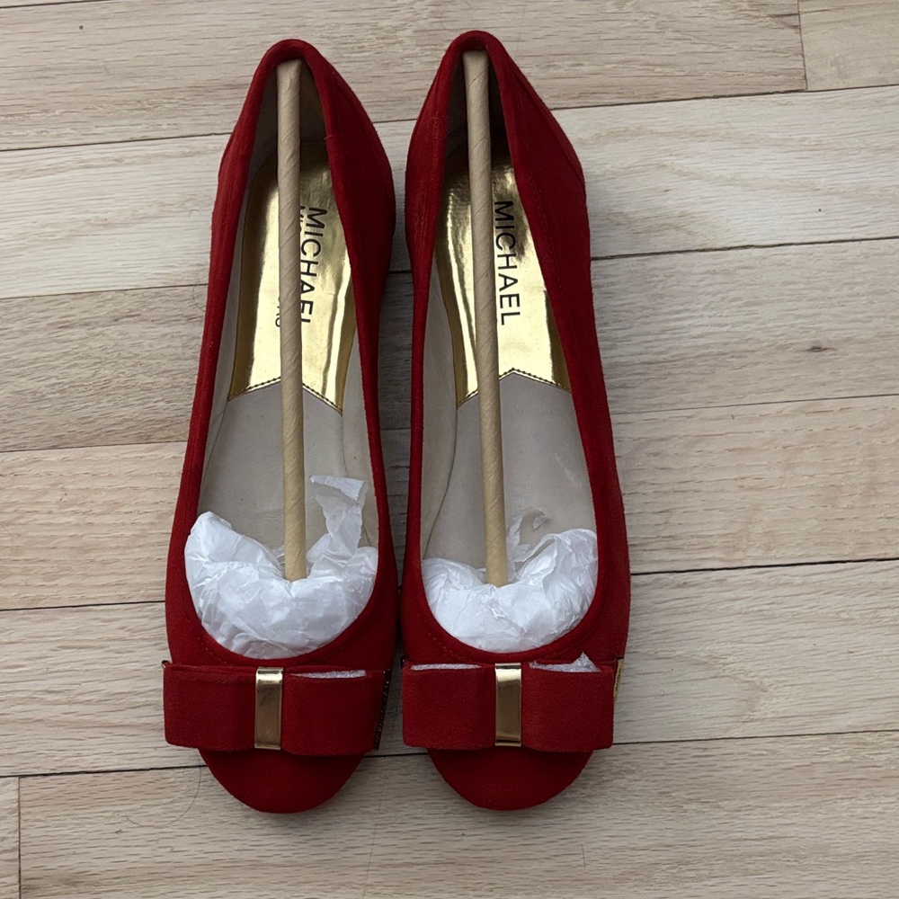 Michael Kors Red Suede Bow Ballet Flats with Gold Accent